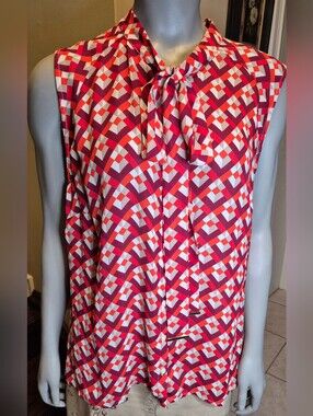 Worthington Red Pink White Geometric Tie-Neck Sleeveless Blouse